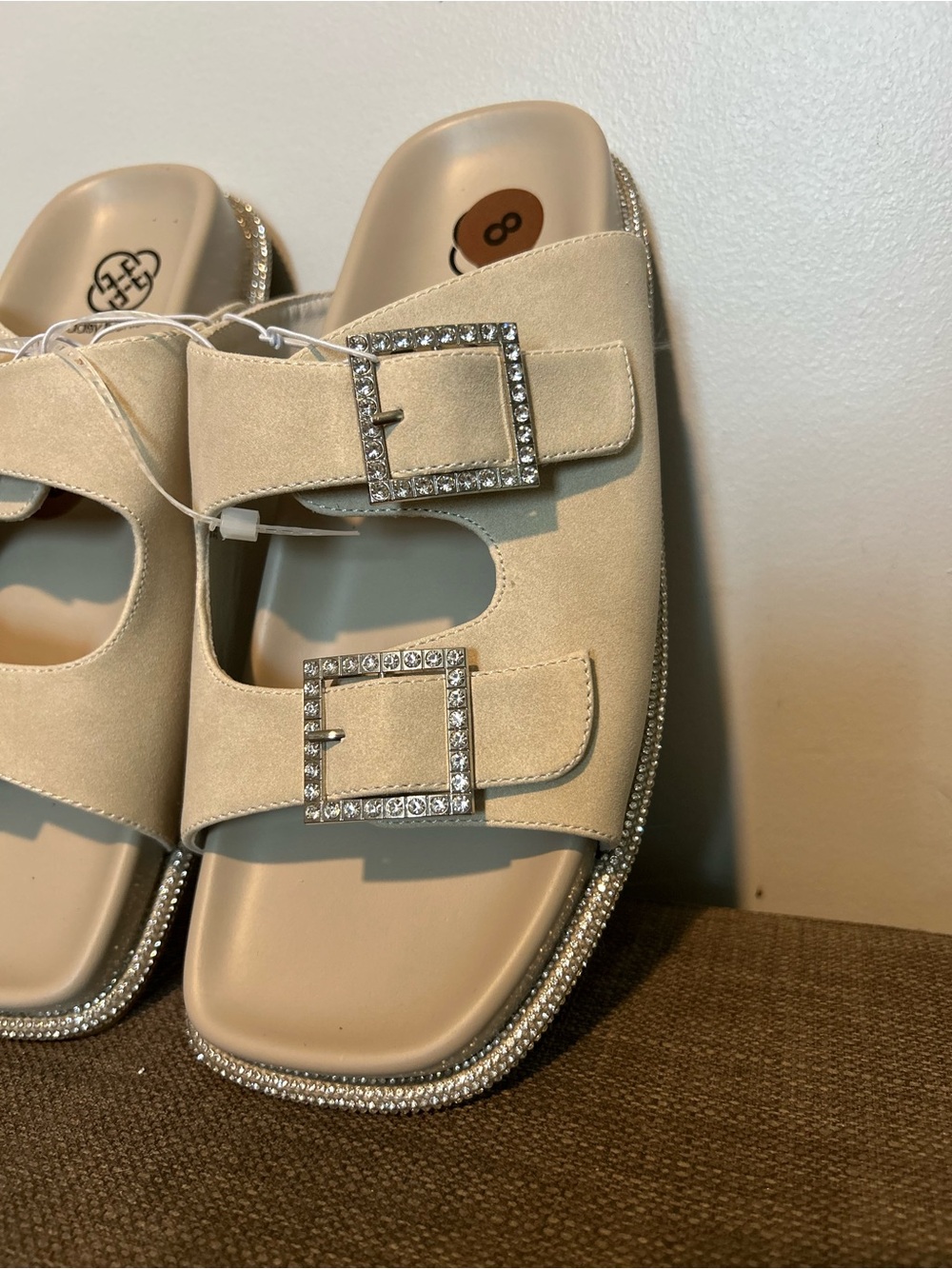 Daisy Fuentes Beige Crystal Buckle Double-Strap Women's Sandals